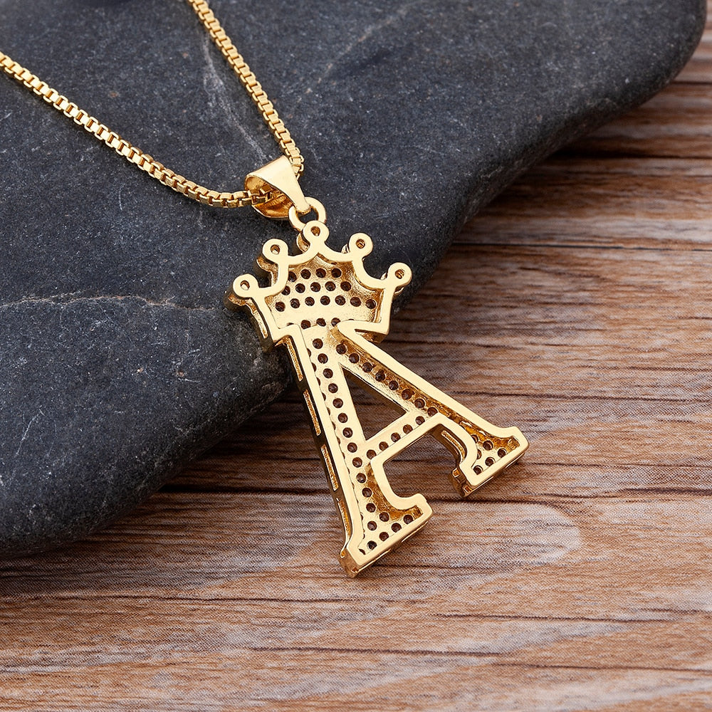 Zircon A-Z Crown Alphabet Pendant Chain Necklace Initial Name Jewelry