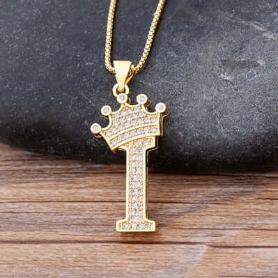 Zircon A-Z Crown Alphabet Pendant Chain Necklace Initial Name Jewelry