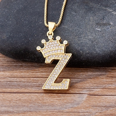 Zircon A-Z Crown Alphabet Pendant Chain Necklace Initial Name Jewelry