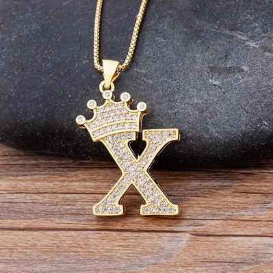 Zircon A-Z Crown Alphabet Pendant Chain Necklace Initial Name Jewelry