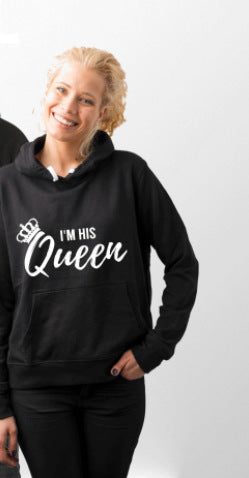 Couple Hooded Sweatshirt with Fleece Lining "I Am His King Queen&quotGold Letter Creative Sweatshirt