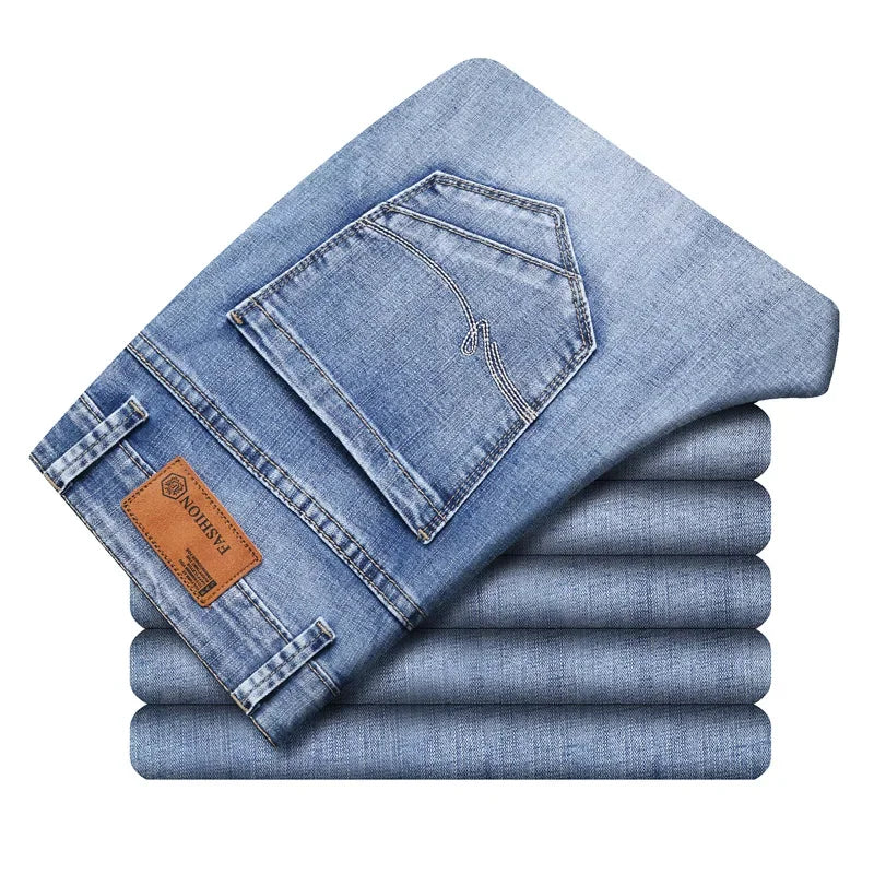 2024 Cotton Stretch Jeans Business Casual Men's Thin Denim Jeans Grey Spring Summer Brand New Fit Straight Lightweight