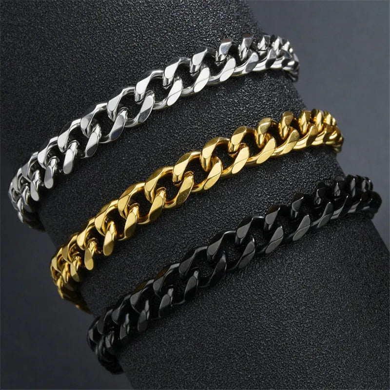 Set of three luxury curb Cuban chain bracelets in silver, gold, and black stainless steel, elegant unisex accessories for. - LETAPI Fashion Stainless Steel Curb Cuban Chain Bracelet for Men Women Hip Hop Couple Unisex Wrist Hand Jewelry Gift Party - Black Color / 22cm / Width 7mm - from-ae-fiidom