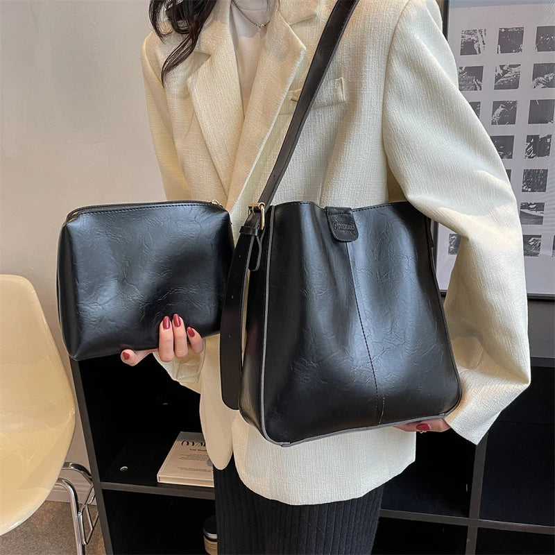 MOODS Retro Shoulder Tote Bag Set For Women Wide Strap Soft PU Leather Crossbody Bags With Small Purse Large Capacity Shoppers