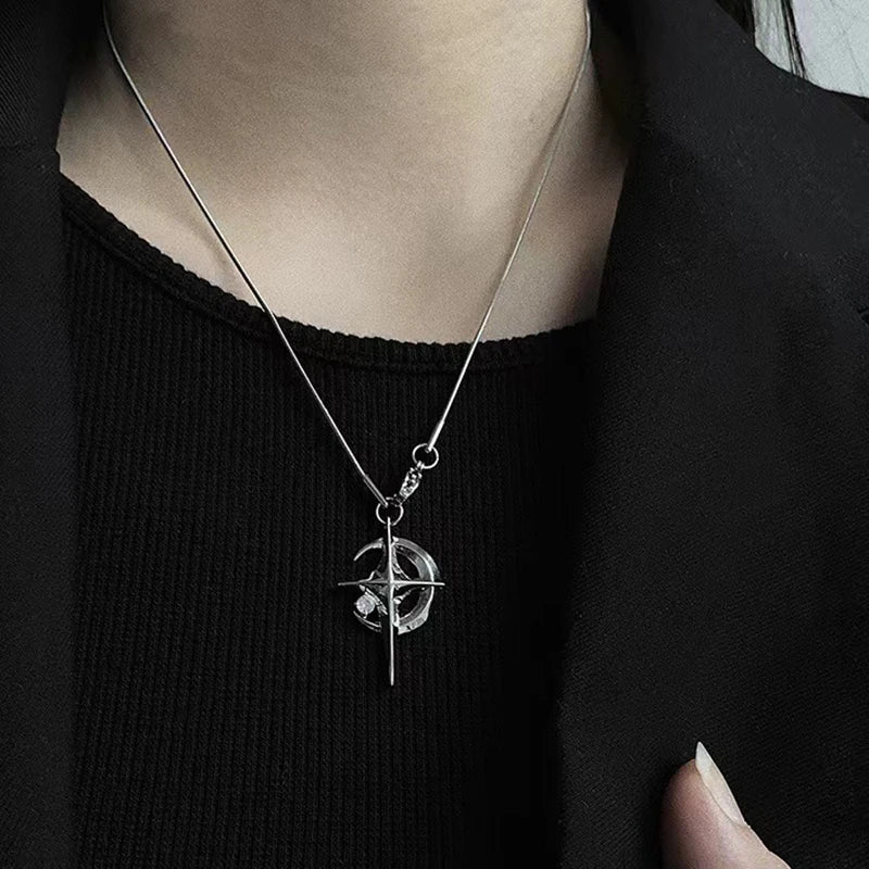 Y2K Cuban Figaro Star & Moon Pendant Choker — Punk Black Zircon
