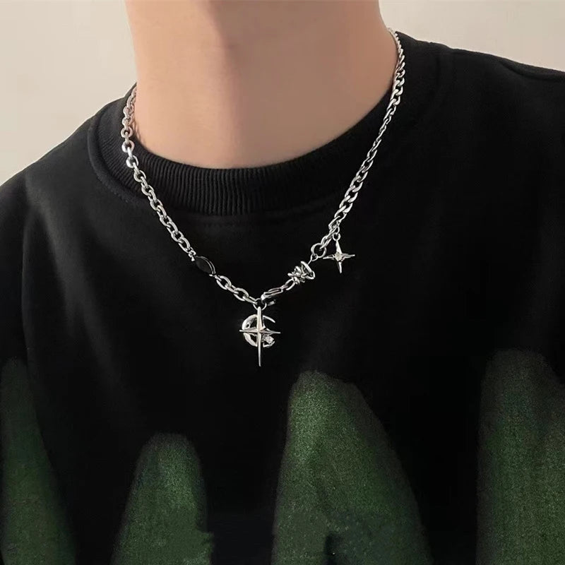 Y2K Cuban Figaro Star & Moon Pendant Choker — Punk Black Zircon
