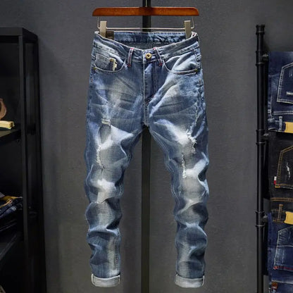 American Elastic Straight Jeans Men Ripped Worn-out Slim-fit Cotton Denim Pants Korean Style Fashion Blue Black Men's Clothing