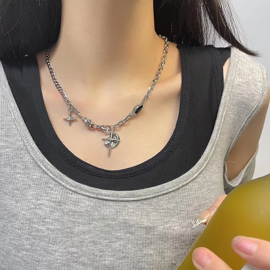 Y2K Cuban Figaro Star & Moon Pendant Choker — Punk Black Zircon