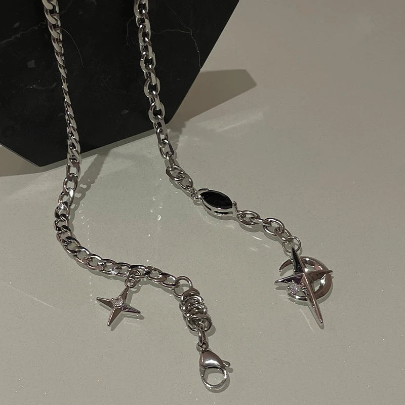 Y2K Cuban Figaro Star & Moon Pendant Choker — Punk Black Zircon