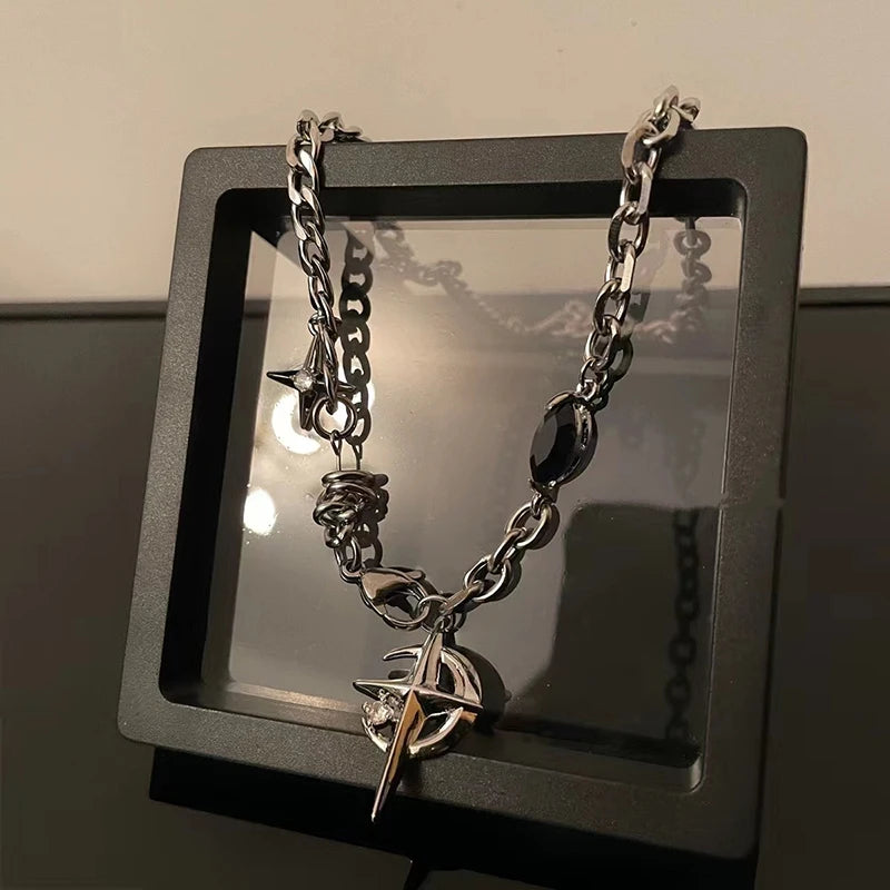 Y2K Cuban Figaro Star & Moon Pendant Choker — Punk Black Zircon