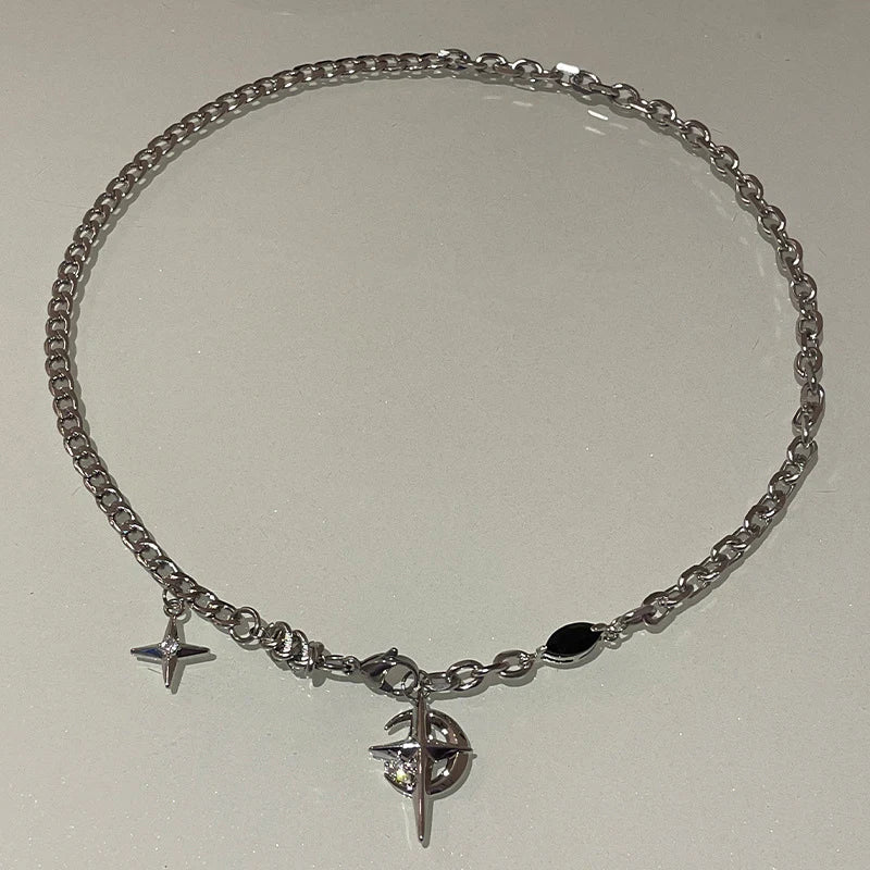 Y2K Cuban Figaro Star & Moon Pendant Choker — Punk Black Zircon