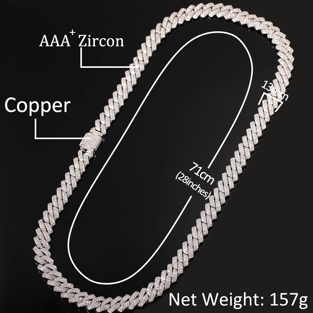 13mm Micro Pave Prong Cuban Chain Necklaces Iced Out Cubic Zirconia